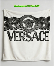 Versace White Black Medusa Chain Logo Print Flannel Sofa Throw Blanket IMG_1298